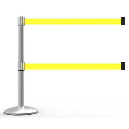 Banner Stakes 7' Dual Retractable Belt Barrier Set with Base, Matte Post and Blank Yellow Belt - AL6104M-D