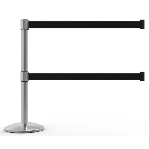 Banner Stakes 7' Dual Retractable Belt Barrier Set with Base, Chrome Post and Blank Black Belt - AL6108C-D
