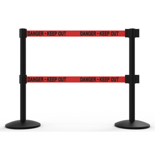 Banner Stakes 14' Dual Retractable Belt Barrier System with Bases, Black Posts and Red "Danger - Keep Out" Belts - AL6206B-D