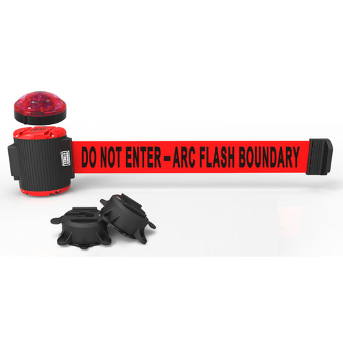 Banner Stakes 30' Wall-Mount Retractable Belt with Red Strobe Light, Red "Do Not Enter - Arc Flash Boundary" - MH5011L