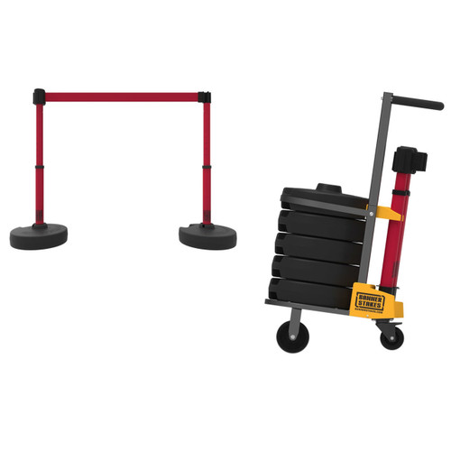 Banner Stakes 75' Barrier System with Cart, 5 Bases, Blank Red Retractable Belts and Posts - PL4000-R