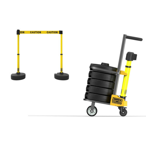 Banner Stakes 75' Barrier System with Cart, 5 Bases, Retractable Belts and Posts; Yellow "Caution" - PL4001