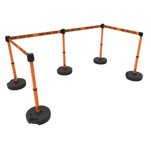 Banner Stakes 60' Barrier System with 5 Bases, Post, Stakes, and 4 Retractable Belts; Orange "Danger-Forklift Traffic" - PL4502