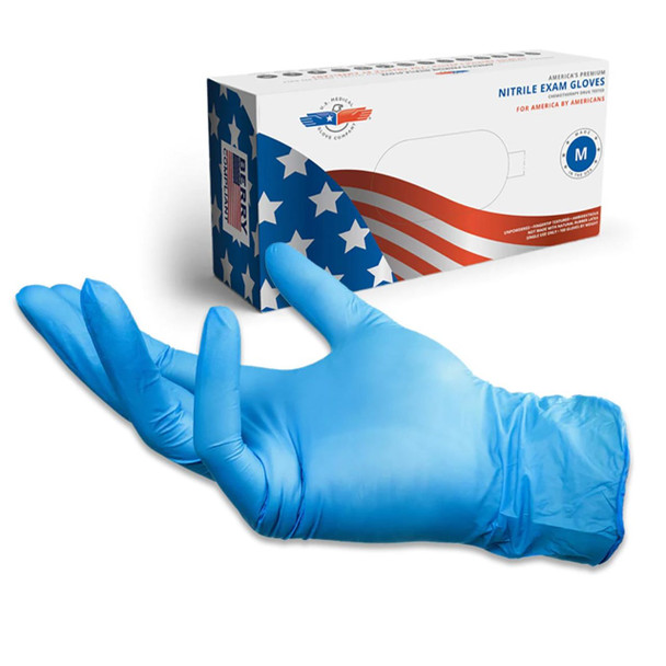 Disposable Nitrile Exam Gloves Chemo Tested - Blue - 4 mil - Box of 100 - Made in USA - (S, M, L, XL)