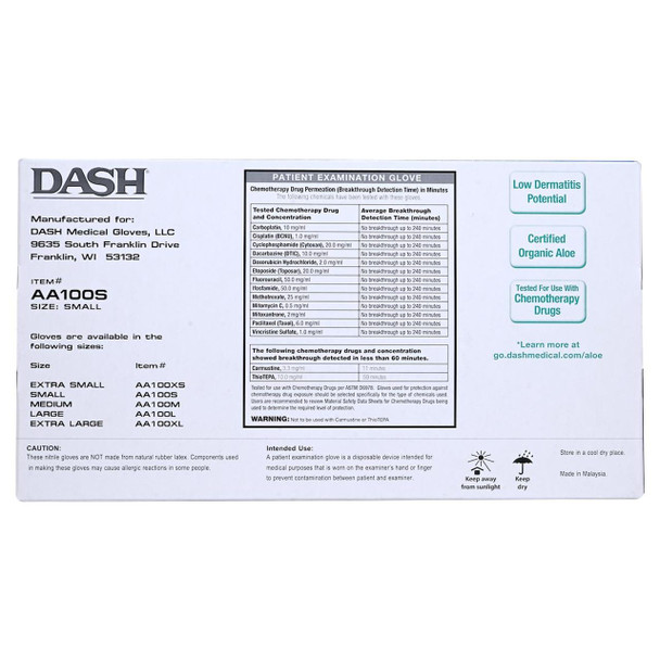 Dash Alasta Aloe Nitrile Exam Gloves, Chemo Tested - Green - 3.9 mil - Box of 100