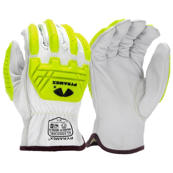Pyramex GL3002CKB Premium Grain Goatskin Hi-Vis Leather Driver Para-Aramid A4 Cut Level 2 Impact Gloves