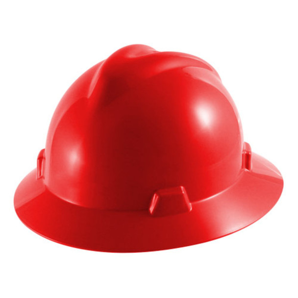 red MSA V-Gard Full Brim Hard Hat with Fas-Trac III Suspension
