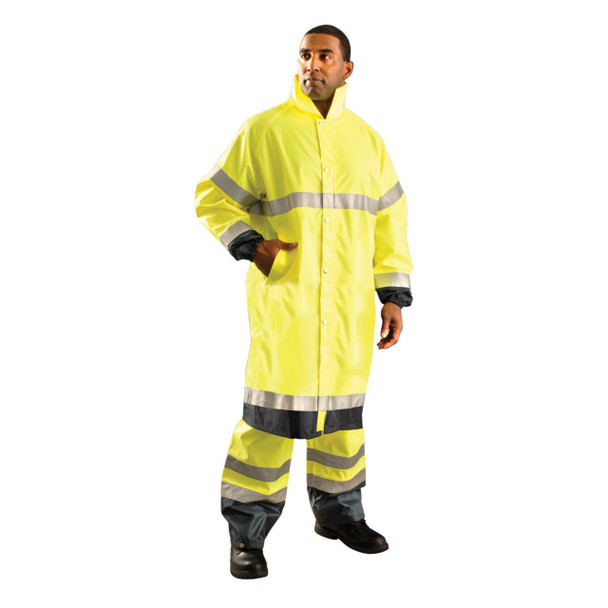 High Vis Yellow OccuNomix Class 3 - 48" Extended Length High-Vis Rain Coat - LUX-TJRE
