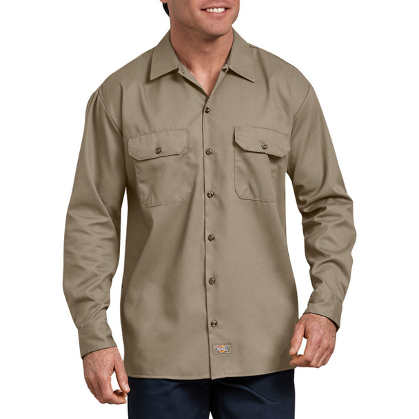 Khaki Dickies Men's FLEX - Relaxed Fit Long Sleeve Work Shirt