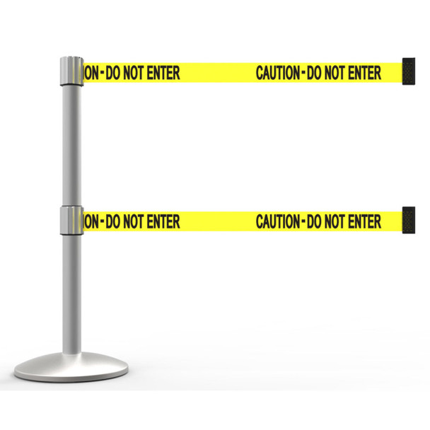 Banner Stakes 7' Dual Retractable Belt Barrier Set with Base, Matte Post and Yellow "Caution - Do Not Enter" Belt - AL6102M-D