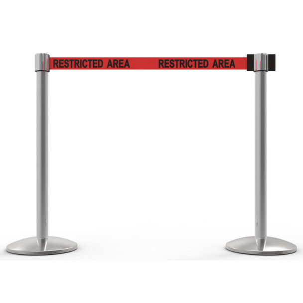 Banner Stakes 14' Retractable Belt Barrier System with Bases, Chrome Posts and Red "Restricted Area" Belts - AL6205C