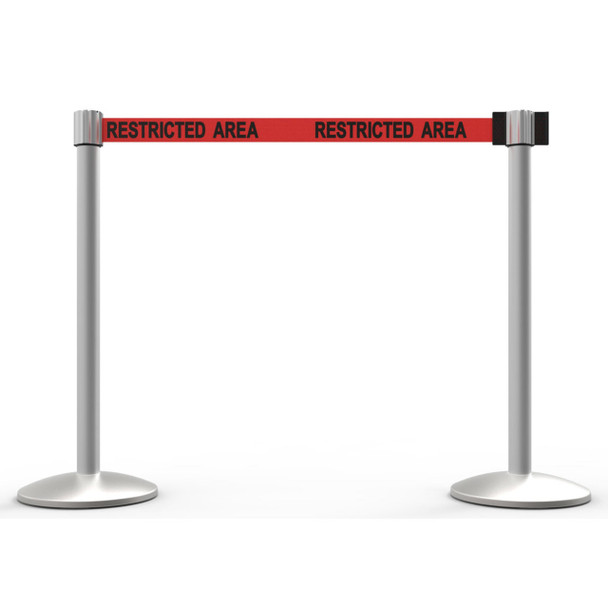 Banner Stakes 14' Retractable Belt Barrier System with Bases, Matte Posts and Red "Restricted Area" Belts - AL6205M