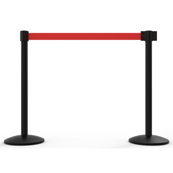 Banner Stakes 14' Retractable Belt Barrier System with Bases, Black Posts and Blank Red Belts - AL6207B