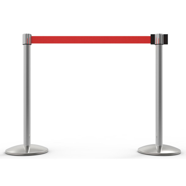 Banner Stakes 14' Retractable Belt Barrier System with Bases, Chrome Posts and Blank Red Belts - AL6207C