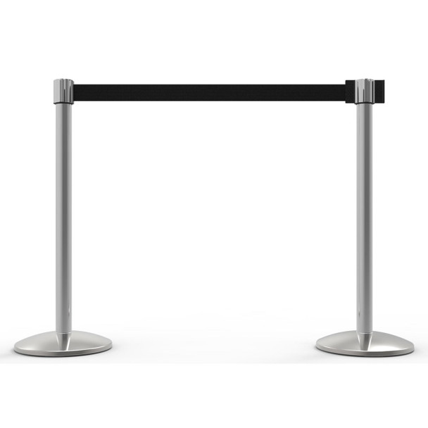 Banner Stakes 14' Retractable Belt Barrier System with Bases, Chrome Posts and Blank Black Belts - AL6208C