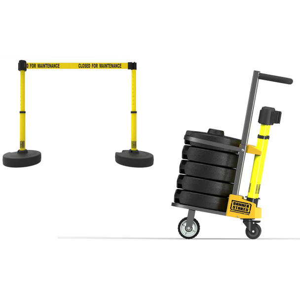 Banner Stakes 75' Barrier System with Cart, 5 Bases, Retractable Belts and Posts; Yellow "Closed for Maintenance" - PL4007