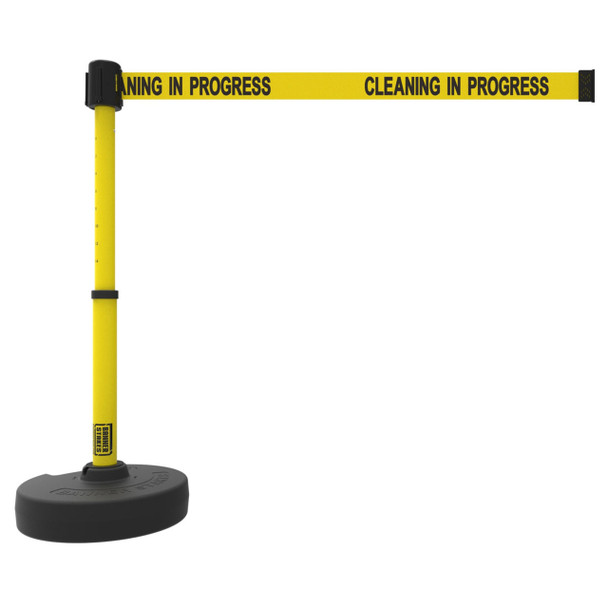 Banner Stakes Barrier Set with Stand-Alone Base, Post, Stake and Retractable Belt; Yellow "Cleaning in Progress" - PL4088