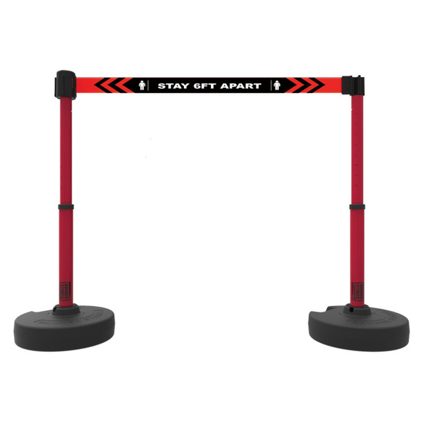 Banner Stakes 15' Barrier System with 2 Bases, Posts, Stakes and 1 Retractable Belt; Black "Stay 6FT Apart" - PL4274