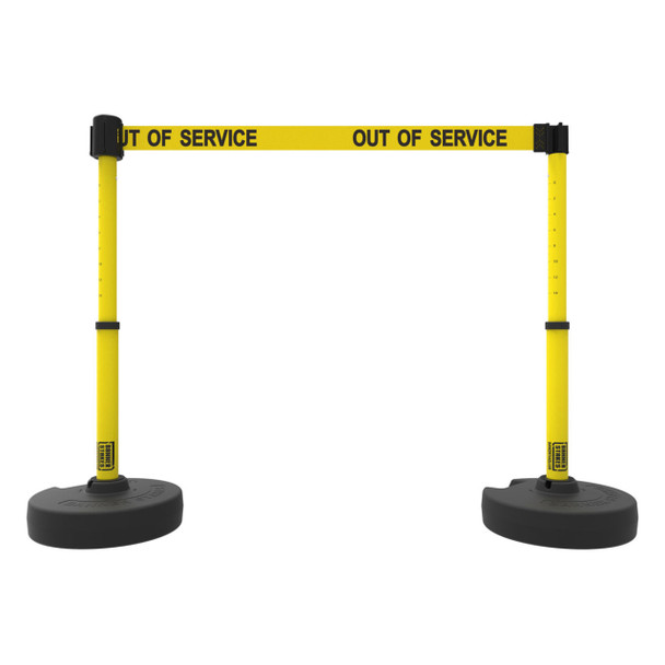 Banner Stakes 15' Barrier System with 2 Bases, Posts, Stakes and 1 Retractable Belt; Yellow "Out of Service" - PL4289