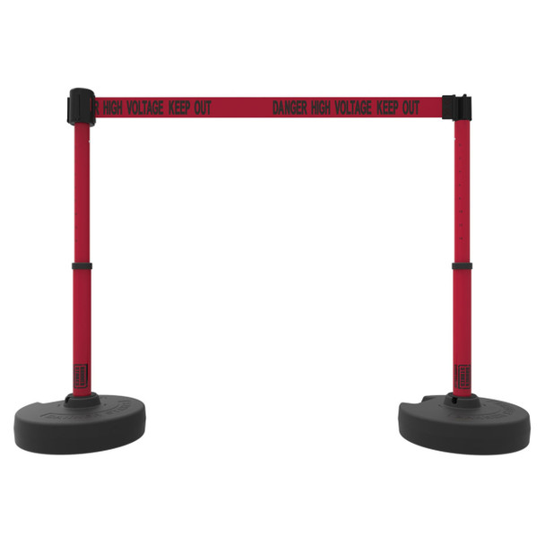 Banner Stakes 15' Barrier System with 2 Bases, Posts, Stakes and 1 Retractable Belt; Red "Danger High Voltage Keep Out" - PL4296