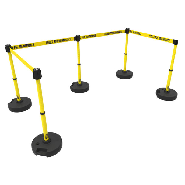 Banner Stakes 60' Barrier System with 5 Bases, Post, Stakes, and 4 Retractable Belts; Yellow "Closed for Maintenance" - PL4590