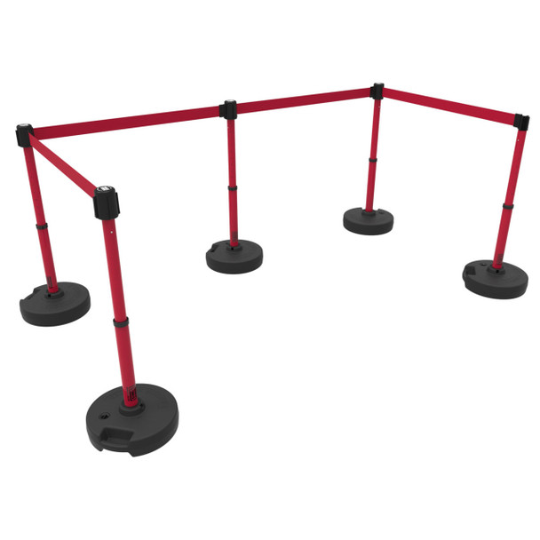 Banner Stakes 60' Barrier System with 5 Bases, Post, Stakes, and 4 Retractable Belts; Blank Red - PL4599
