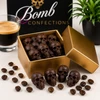 Bomb Confections Mini Bourbon Espresso Chocolate Skulls presented in a premium gold gift box with rich espresso-infused chocolate skulls, whole roasted espresso beans, and a fresh espresso for an elegant coffee-inspired gift presentation.