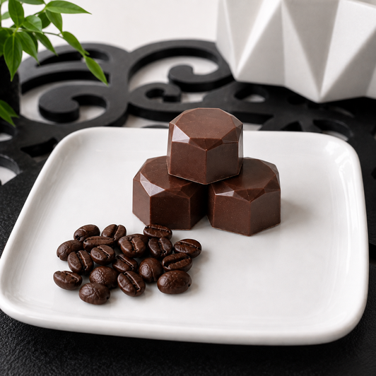 Close-up of four handcrafted Baileys & Coffee artisan bonbons with roasted coffee beans on a white serving plate, highlighting the geometric chocolate design and smooth finish.