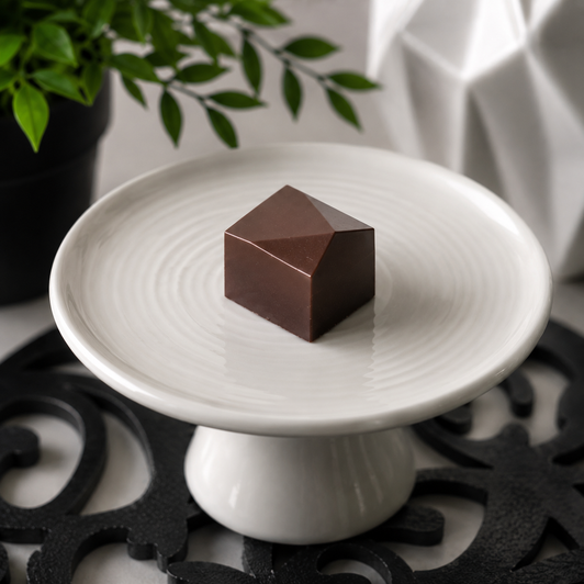 Single Espresso Martini artisan bonbon on a white pedestal, handcrafted dark chocolate cocktail-inspired confection by Bomb Confections.
