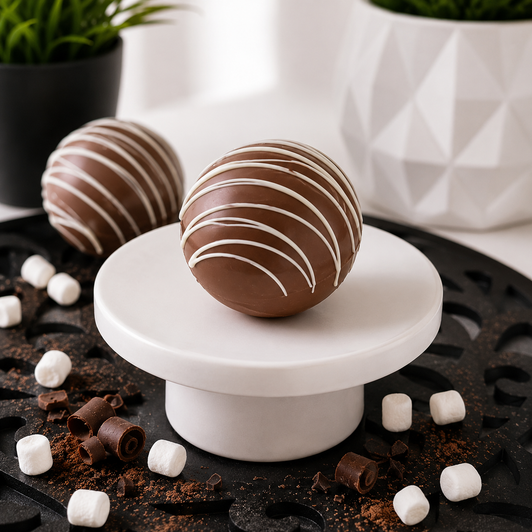 Classic hot cocoa bomb with white chocolate drizzle displayed beside its individual clear gift box with white paper shred, styled on a white pedestal with mini marshmallows and chocolate curls in Bomb Confections' signature luxury presentation.