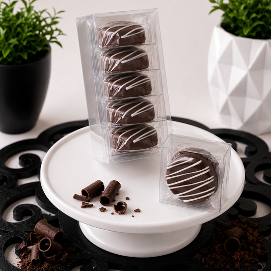 Clear gift sleeve holding five individually boxed chocolate covered sandwich cookies with a single classic cookie displayed in front on a white pedestal, styled for Bomb Confections.