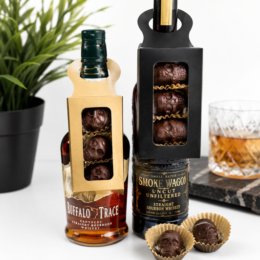 Bourbon chocolate bottle hanger gifts with skull chocolates displayed on bourbon bottles
