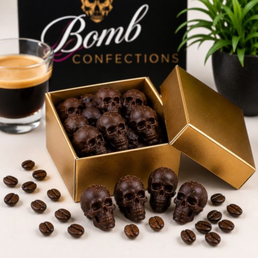Bomb Confections Mini Bourbon Espresso Chocolate Skulls presented in a premium gold gift box with rich espresso-infused chocolate skulls, whole roasted espresso beans, and a fresh espresso for an elegant coffee-inspired gift presentation.