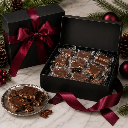 1.5 lb cocktail-inspired toffee holiday gift box with individually wrapped pieces and black-cherry ribbon