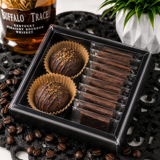 Handcrafted Bourbon Espresso Coffee Bomb gift set featuring two Bourbon Espresso Coffee Bombs with gold sugar crystals and twelve individually wrapped Bourbon Espresso Mini Chocolate Bars in a premium black gift box by Bomb Confections.