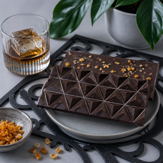 bourbon old fashion chocolate bar with bourbon chocolate and candied orange peel bits