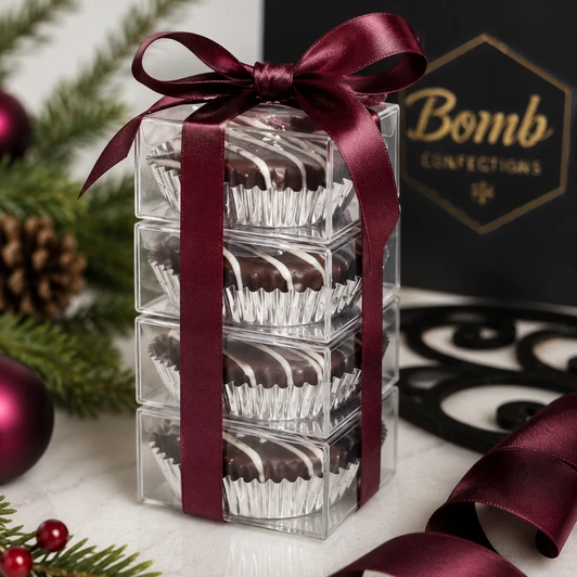 Four individually boxed chocolate-covered cookies stacked with black-cherry ribbon for holiday giftin