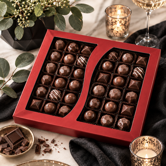 40-piece cocktail-inspired bonbon gift box styled with white flowers, eucalyptus, candles and elegant wedding table décor.