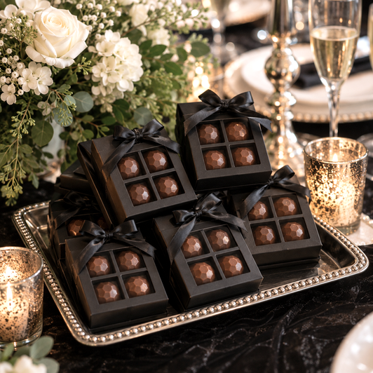 Four-piece chocolate bonbon favor boxes displayed on an elegant wedding table with white florals and candlelight