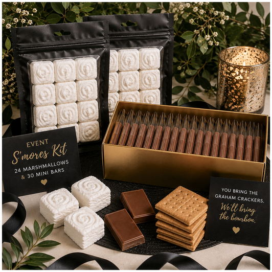 Event bourbon s’mores kit with 24 handcrafted bourbon marshmallows and 30 individually wrapped mini bourbon chocolate bars for weddings and special events.