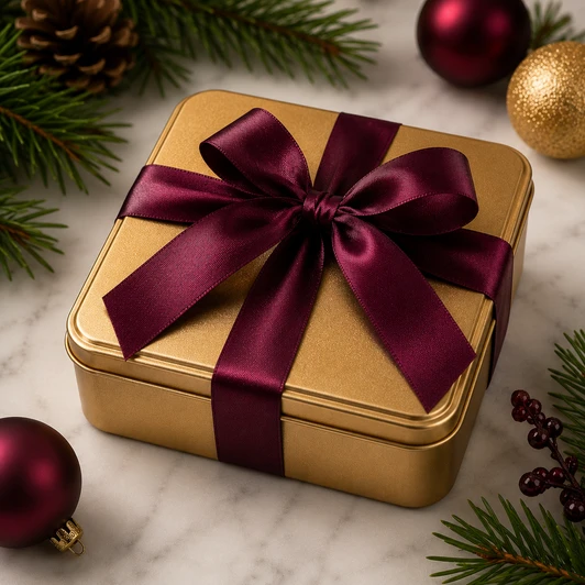 Gold holiday cocktail bonbon gift tin finished with black-cherry ribbon