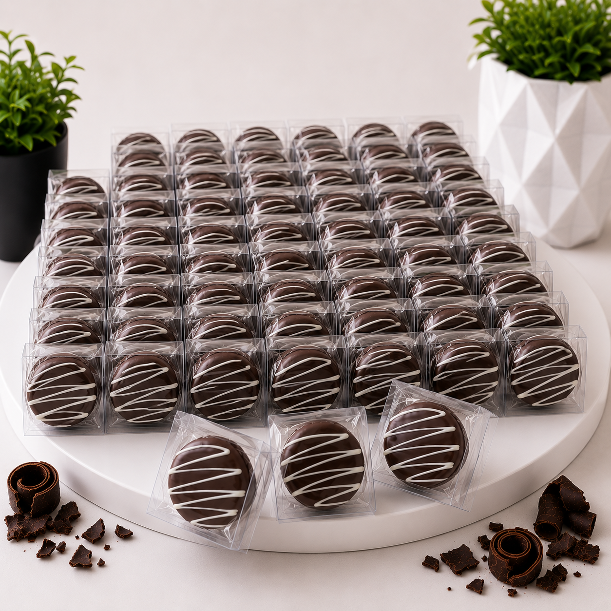 Large order of individually packaged chocolate covered sandwich cookies for events and celebrations