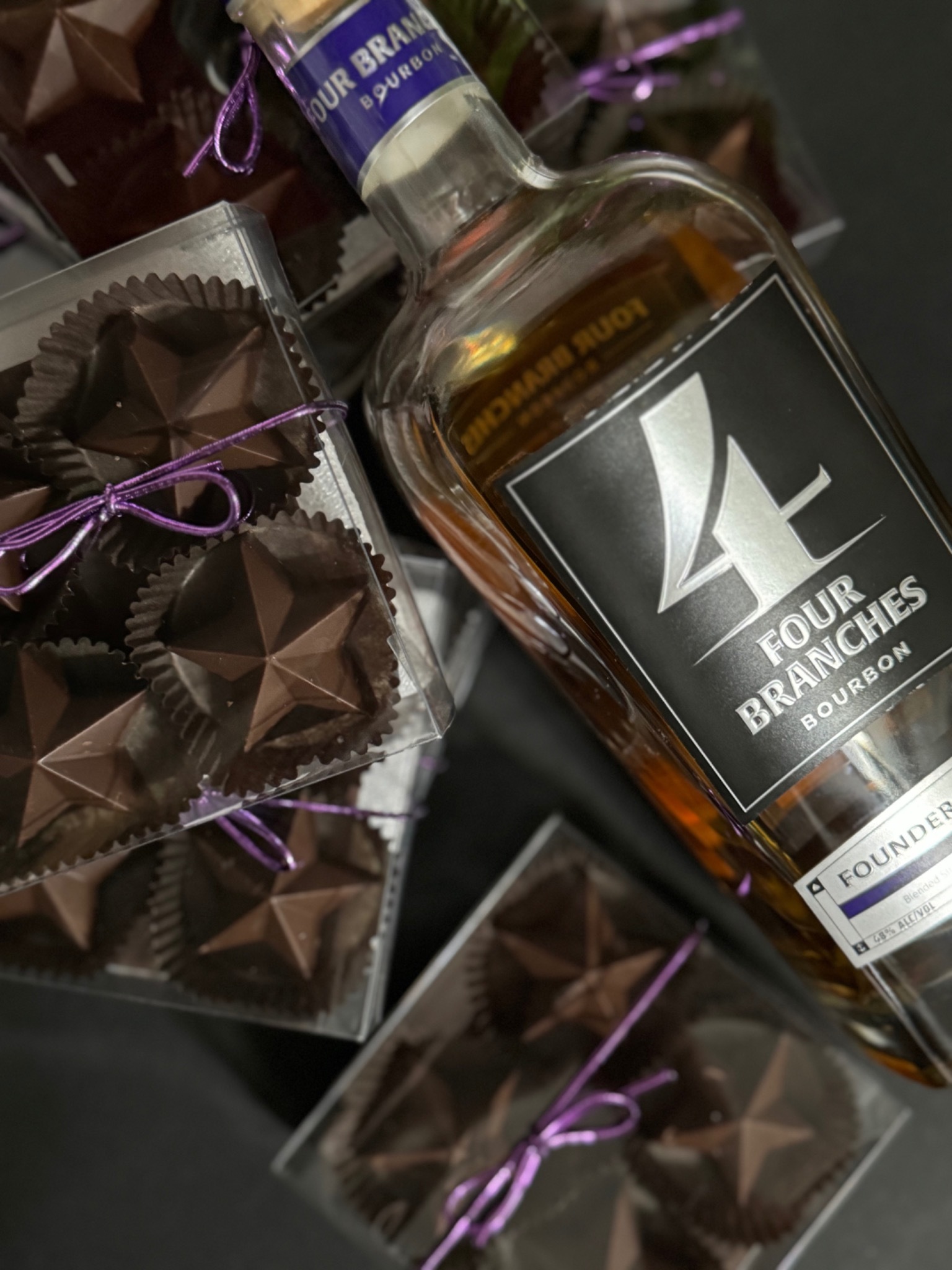 Four Branches Bourbon with Bomb Confections collaboration chocolates