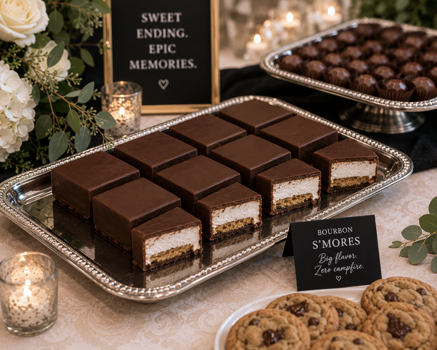 Bourbon s'mores arranged on an elegant wedding dessert table