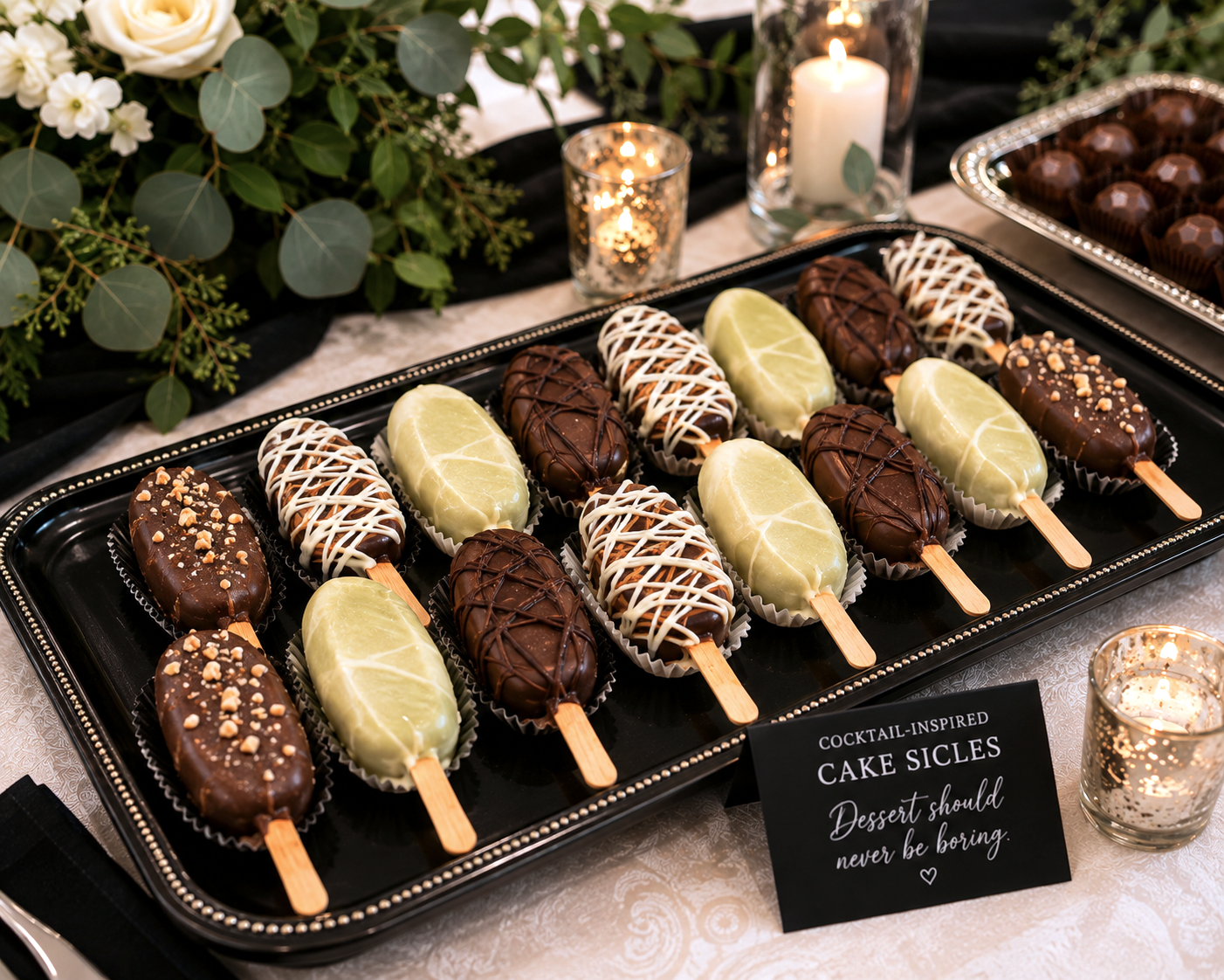 Assorted cocktail-inspired cake sicles arranged for a wedding dessert table