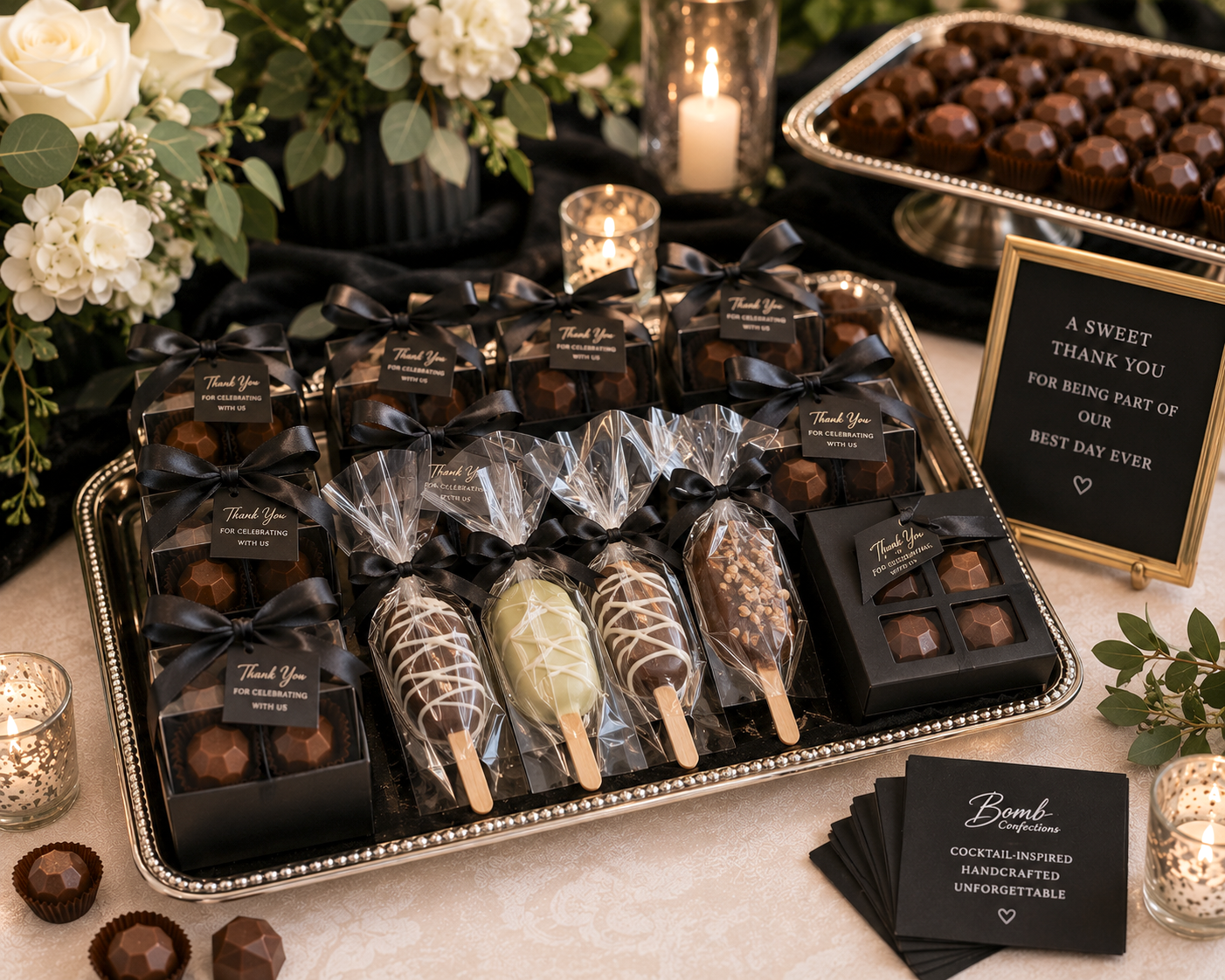 Gift-ready Bomb Confections chocolates displayed for a wedding celebration