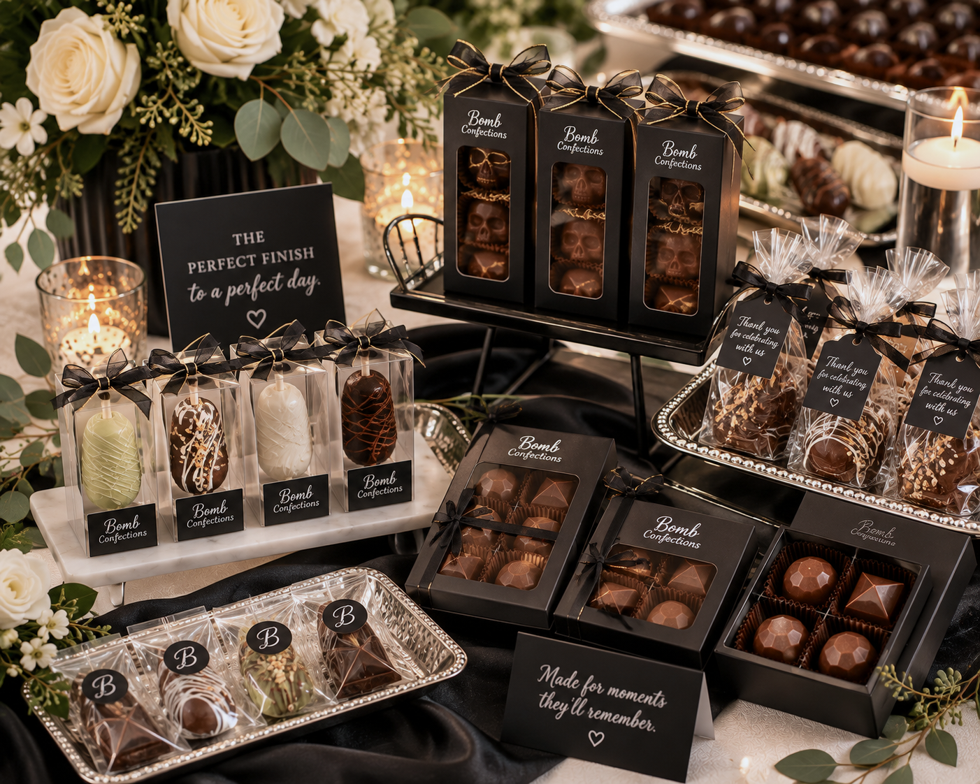 Individually packaged chocolate favors displayed for wedding guests