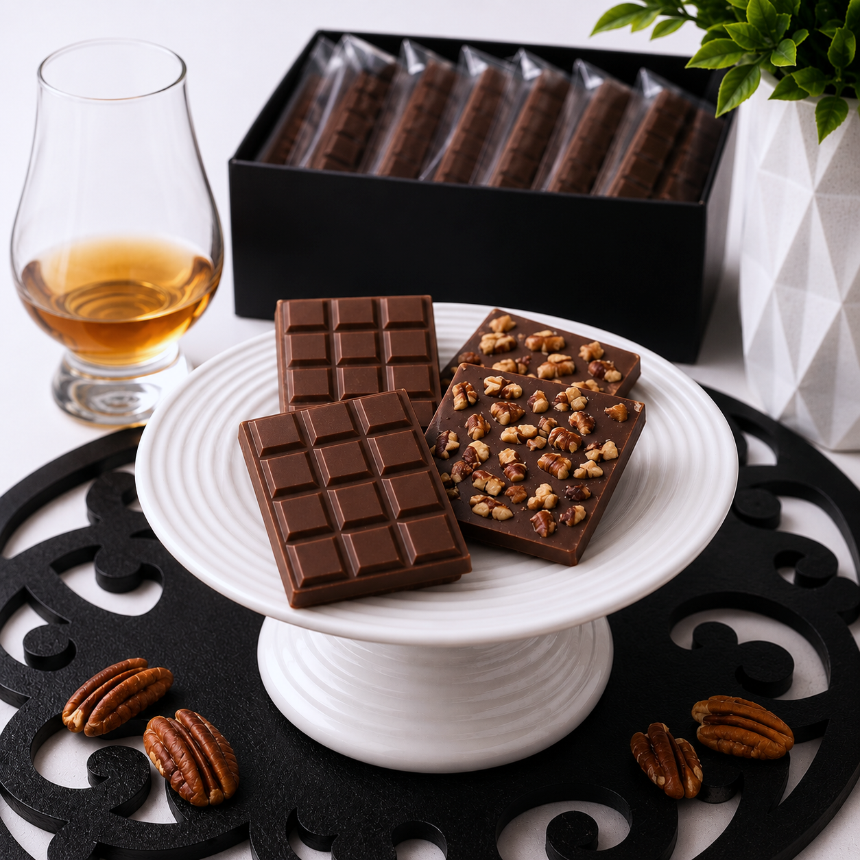 Bourbon chocolate mini bars in plain and pecan flavors from Bomb Confections