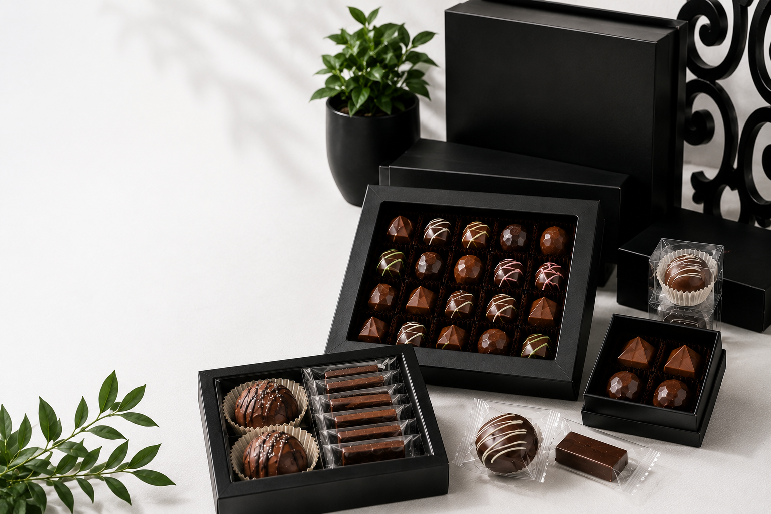 Bomb Confections corporate chocolate gifts featuring assorted bonbons, gift boxes and individually packaged chocolates