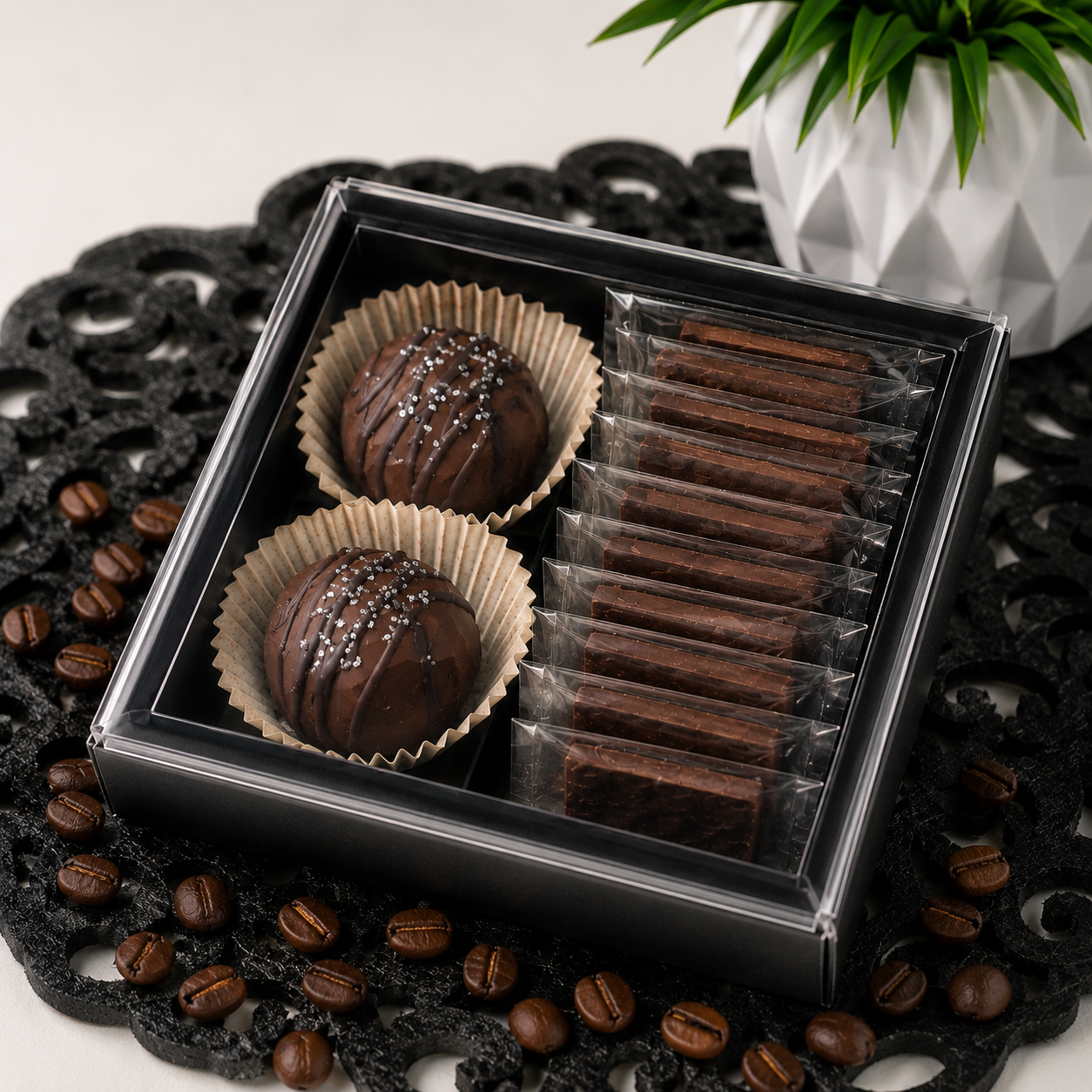 Custom espresso chocolate gift set with coffee bombs and chocolate bars
